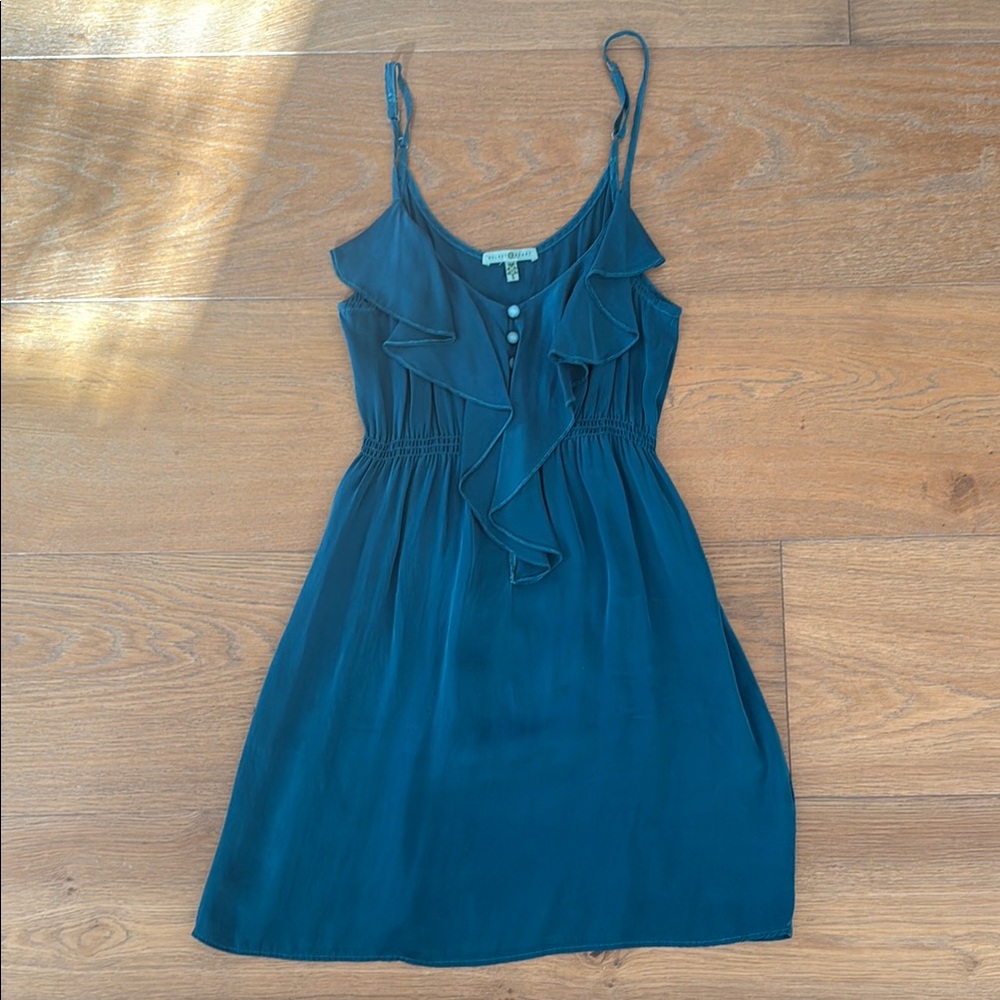 Velvet Heart Brand 100% Silk Teal Ruffle Dress Made in the USA some stains